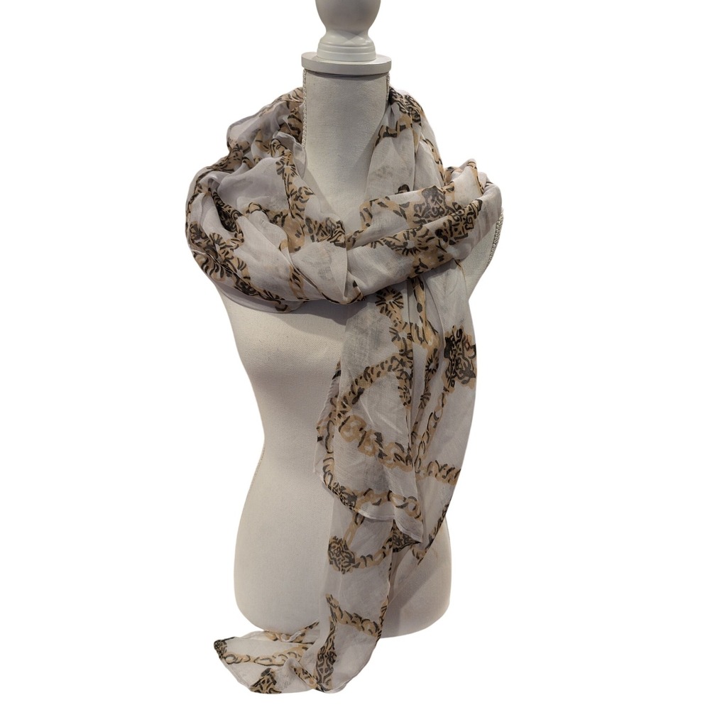 Women's Sheer Leopard Print Chain Scarf Tan White Black Oblong One Size